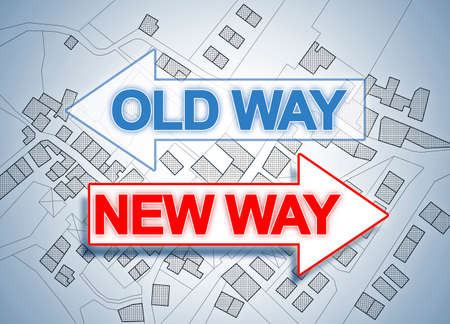 Updating of the cadastral map and land registry concept with imaginary cadastral or city map and Old WAY and NEW WAY written on it. note: the map is totally invented and does not represent any real place.の写真素材