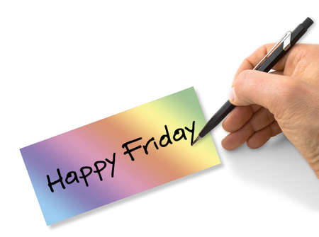 Hand writing Happy Friday with a pencil on a colored sheet on white backgroundの写真素材