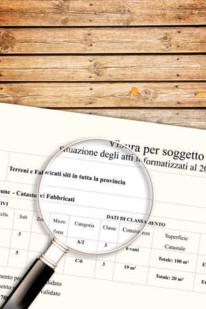 Imaginary italian cadastral document with cadastral information for land and buildings property -...