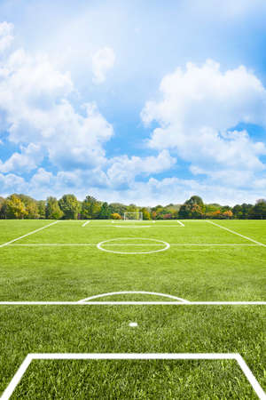 White lines of a soccer field against soft green grassの写真素材