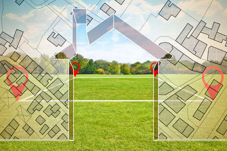 Land plot management - Imaginary city map with buildings, land parcels and home silhouette - real...