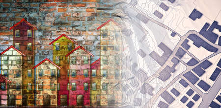 Real Estate concept with an imaginary cadastral map of territory with buildings, roads and land parcel - land registry conceptの写真素材