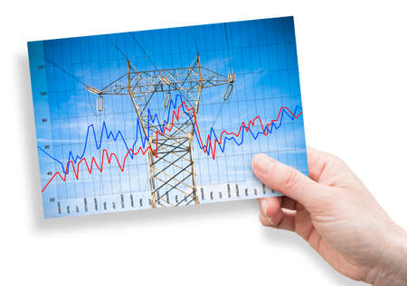 Graph about energy production - concept image with power tower and transmission lines on sky...
