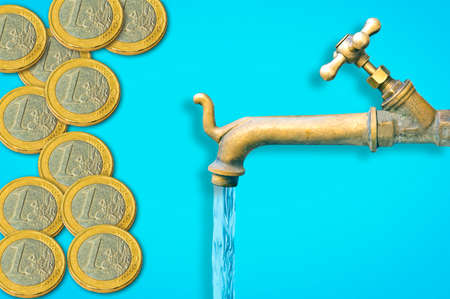 The cost of drinking water - concept with an old water brass faucet with euro coins