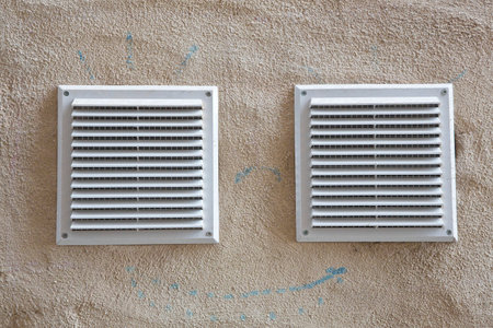 White plastic ventilation grille for internal air evacuation and bad smells with anti-insect net...
