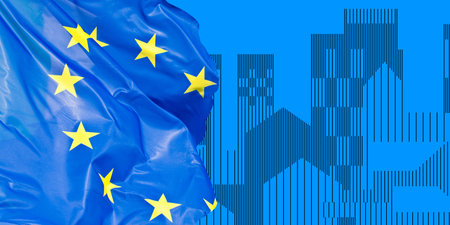 Planning building activity in Europe - concept with an imaginary cityscape against an European flagの写真素材