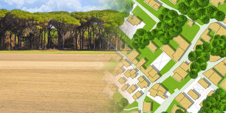From nature to a new city - concept with a vacant land in a rural scene that fades on the map of an...