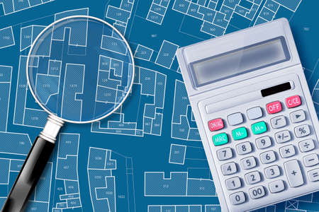 Imaginary cadastral map of territory with buildings, roads and land parcel - land registry concept with calculator and magnifying glassの写真素材