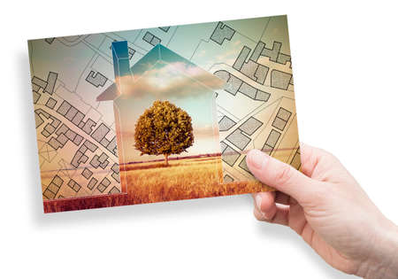 Imaginary cadastral map of territory with buildings, roads and land parcel with an home silhouette and green tree in a field - planning a new home in nature - concept image with handの写真素材