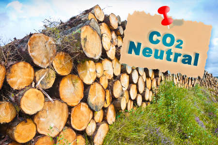 CO2 Neutral concept with text against wooden trunks stacked on one anotherの写真素材