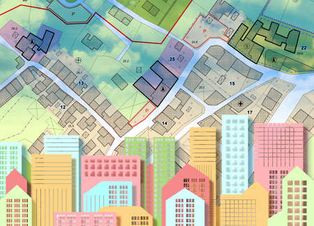 Imaginary General Urban Plan with urban destinations, buildings, buildable areas, land plot and...