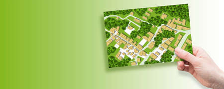 Imaginary city map with residential buildings, roads, gardens green areas and trees - green city...