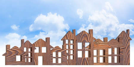 Conceptual cityscape with wooden buildings - build your comfortable home with natural materials - concept imageの写真素材