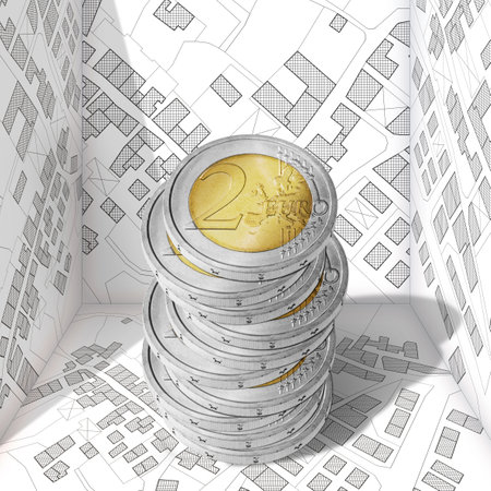 Land registry fees in European Union - concept with an imaginary cadastral map of territory with buildings and land parcel against euro coinsの写真素材