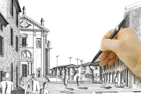 Hand drawing with a pencil a sketch of an old italian cityの写真素材