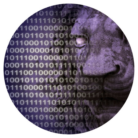 Protect your data. Concept image with medieval lion head and binary code - Round icon concept image - Photography in a circle.の写真素材