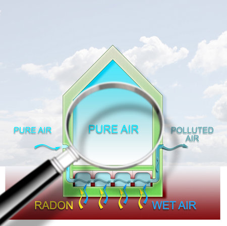 The danger of radon gas in our homes - Radon testing concept illustration with magnifying glassの写真素材