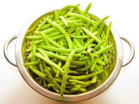 Freshness green beans in a metal bowlの写真素材