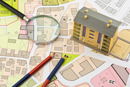 Imaginary cadastral map and general urban plan with cadastral parcels, urban destinations, vacant land plots and condominium residential buildingの写真素材