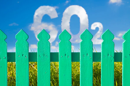 Green wooden fence against CO2 - protection concept against a green wild grass on sky backgroundの写真素材