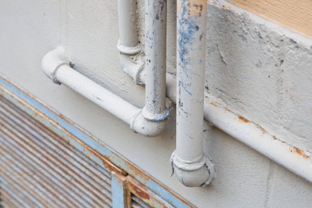 Old water and gas metal pipes fixed in front of a wallの写真素材