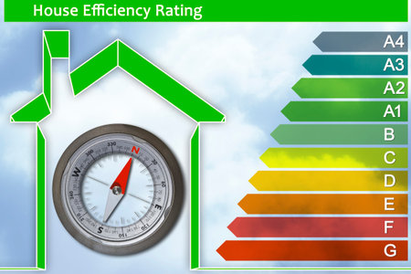 How to get to increase energy efficiency - Buildings energy efficiency concept with 10 energy efficiency classes in according to the new European law and navigational compassの写真素材