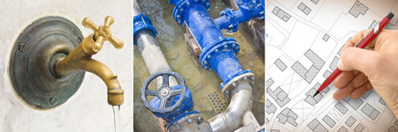 Drinking water concept with faucet - Construction site with new hydraulic system - City map
