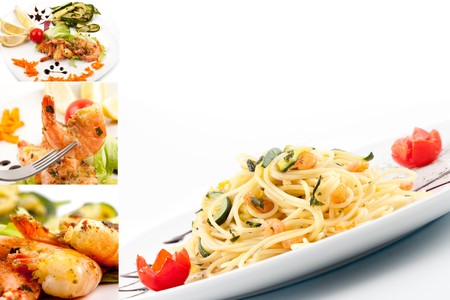 Pasta and Prawns collageの写真素材