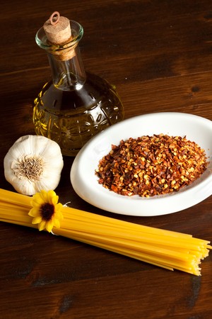 pasta with tomato oil and garlicの写真素材