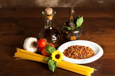 pasta with tomato oil and garlicの写真素材