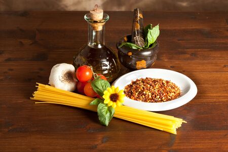 pasta with tomato oil and garlicの写真素材