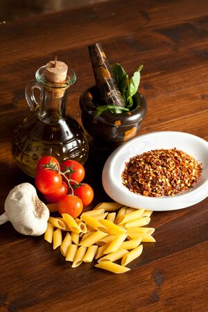 pasta with tomato oil and garlicの写真素材