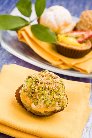 photo of delicious stuffed puff with sweet creamの写真素材
