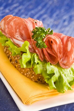 delicious salami and lettuce sandwich on yellow cloth with parsleyの写真素材