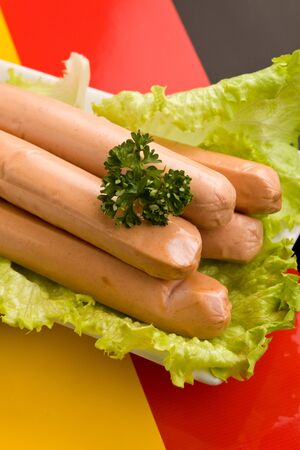 photo of delicious german sausages on green fresh lettuce with parsleyの写真素材
