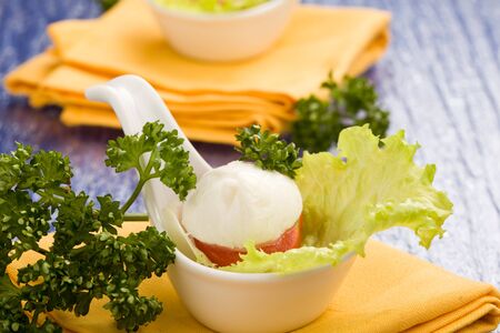 photo of delicious tomatoe and mozzarella appetizer in spoonの写真素材