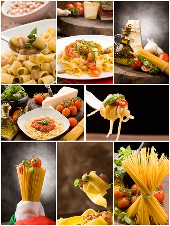 set of different pasta photos arranged together into a collageの写真素材