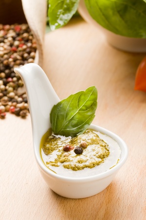 photo of different ingredients for preparing pesto sauceの写真素材