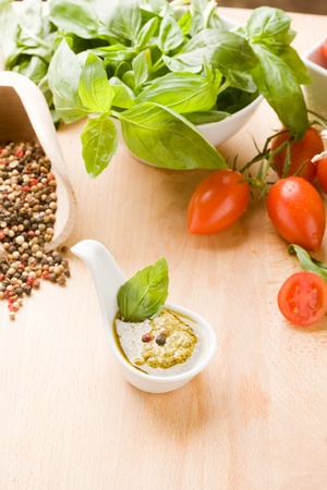 photo of different ingredients for preparing pesto sauceの写真素材