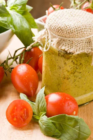 photo of different ingredients for preparing pesto sauceの写真素材