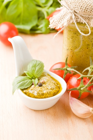 photo of different ingredients for preparing pesto sauceの写真素材