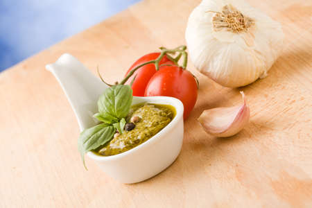 photo of different ingredients for preparing pesto sauceの写真素材