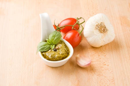 photo of different ingredients for preparing pesto sauceの写真素材
