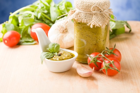 photo of different ingredients for preparing pesto sauceの写真素材