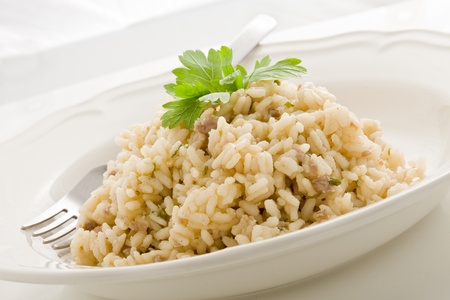 delicious italian risotto dish with meat and parsley on white isolated backgroundの写真素材