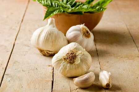 delicious fresh garlic on wooden table - Selective Focusの写真素材