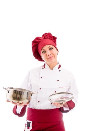 photo of chef with pot in her hands presenting us her dishの写真素材