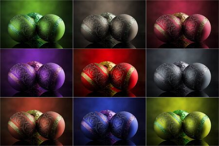 photo of shiny round christmas balls in front of rural backgroundの写真素材