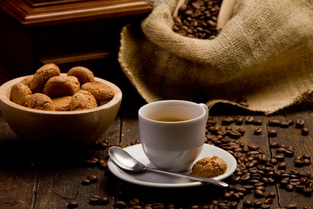 Photo of delicious hot espresso coffee on wooden tableの写真素材