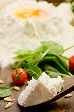 Various ingredients for homemade italian ravioli with ricotta cheeseの写真素材
